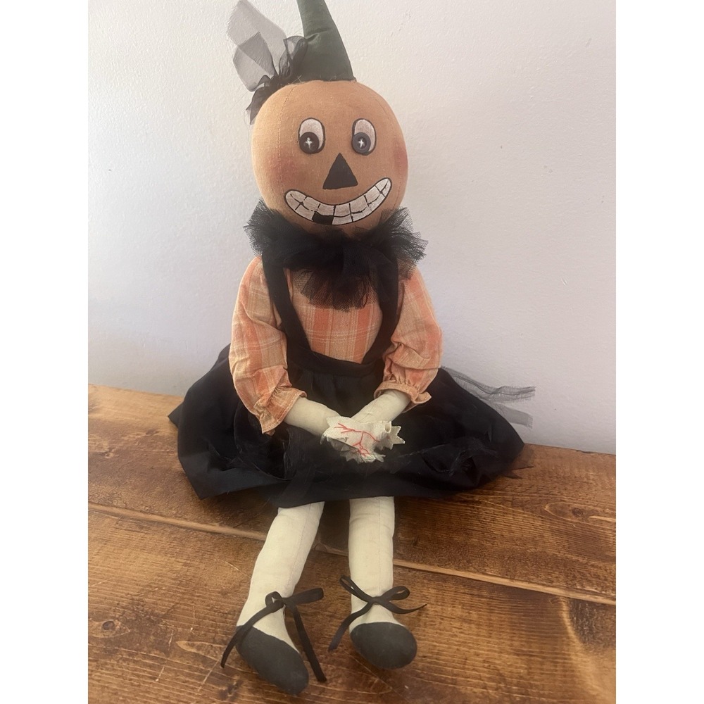 Vintage Primitive Pumpkin Head Witch Shelf Sitter Halloween Doll Folk Art Style